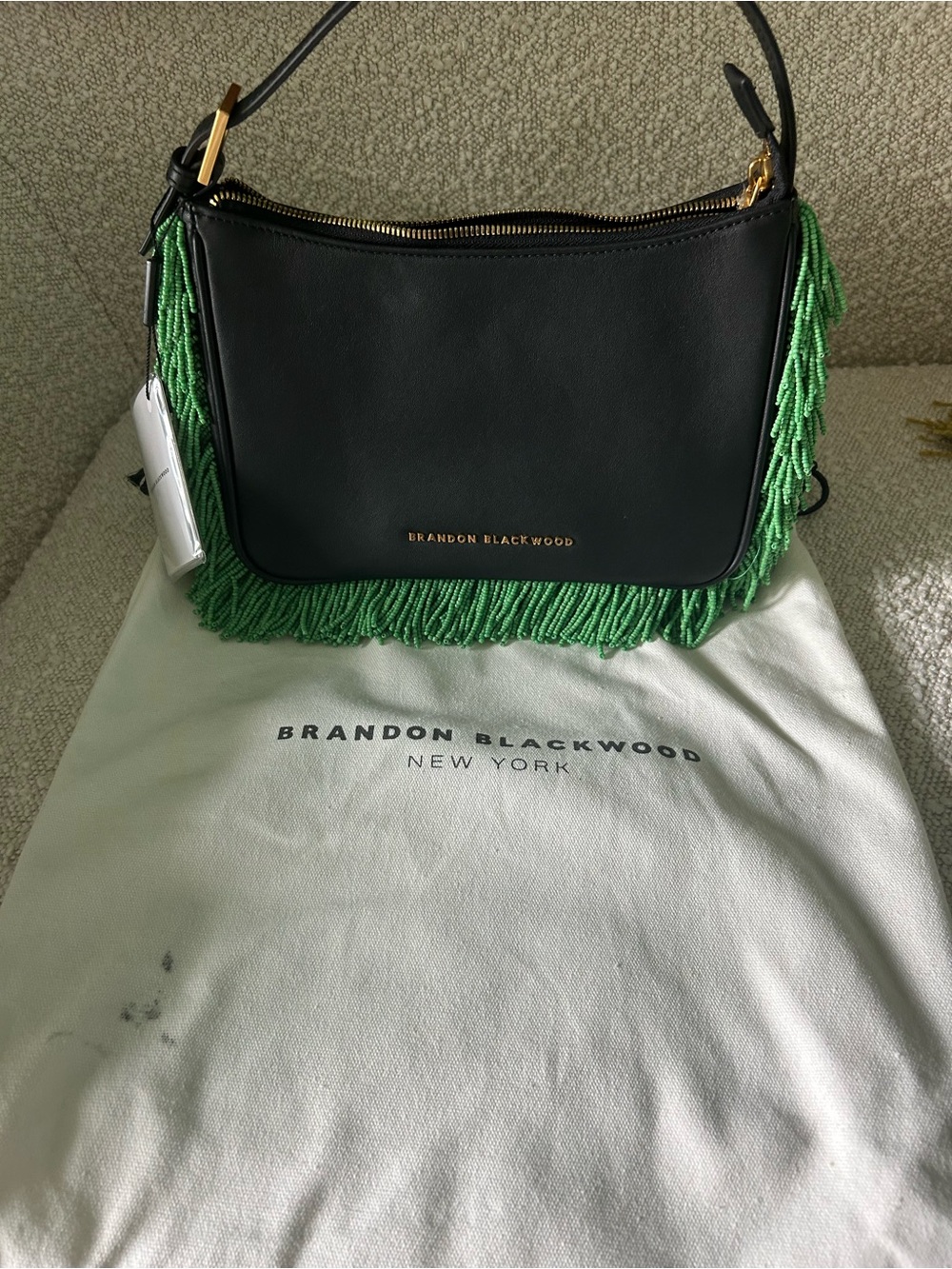 Brandon Blackwood Black Leather Shoulder Bag with Green Fringe Trim